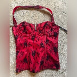 Red and black lace bustier top with thong